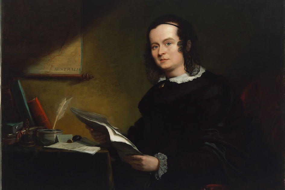 Oil painting by Angelo Collen Hayter of Caroline Chisholm, seated at a desk reading some papers